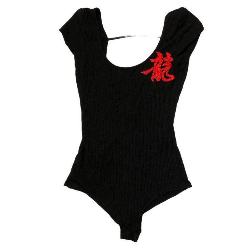 LF Emma and Sam Ribbed Short Sleeve Bodysuit Small Black Womens